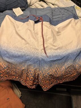 Ombré Blue to Orange Geometric Swim Trunks